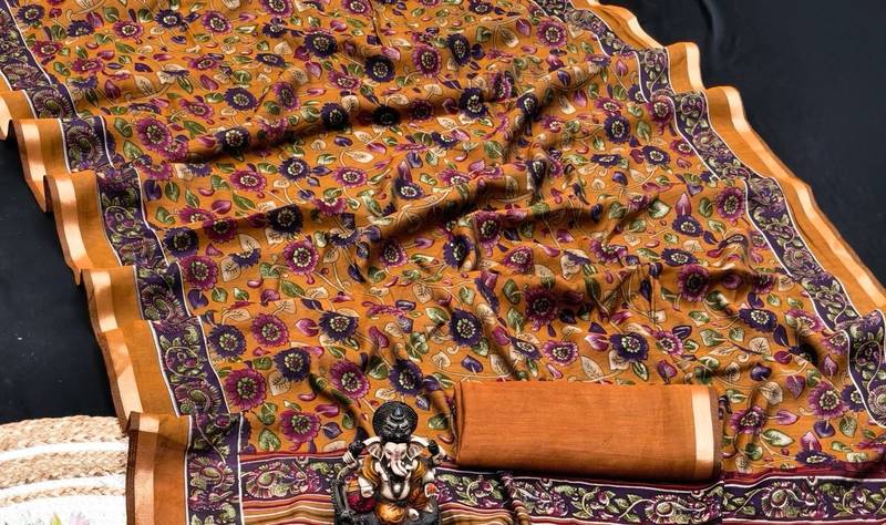 orange mul cotton kalamkari print saree with traditional motifs