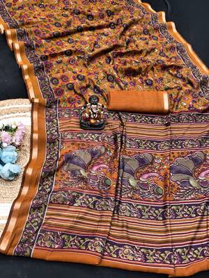 orange mul cotton kalamkari print saree with traditional motifs 1