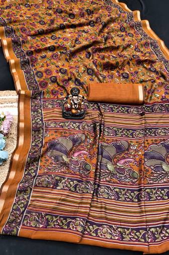 orange mul cotton kalamkari print saree with traditional motifs