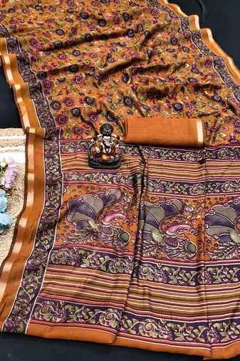 orange mul cotton kalamkari print saree with traditional motifs