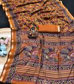 orange mul cotton kalamkari print saree with traditional motifs