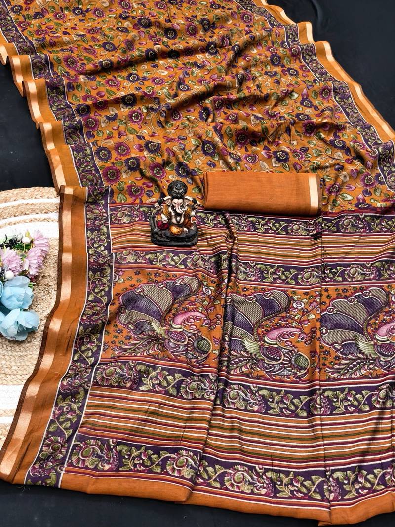 orange mul cotton kalamkari print saree with traditional motifs