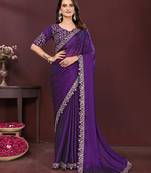 Enchanting purple rangoli silk embroidery multi sequence work indian wedding saree