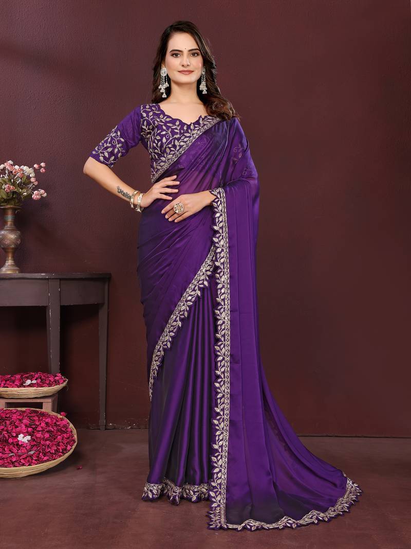 Enchanting purple rangoli silk embroidery multi sequence work indian wedding saree