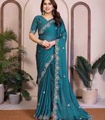 Appealing rama satin chiffon embroidery multi sequence work indian bollywood saree