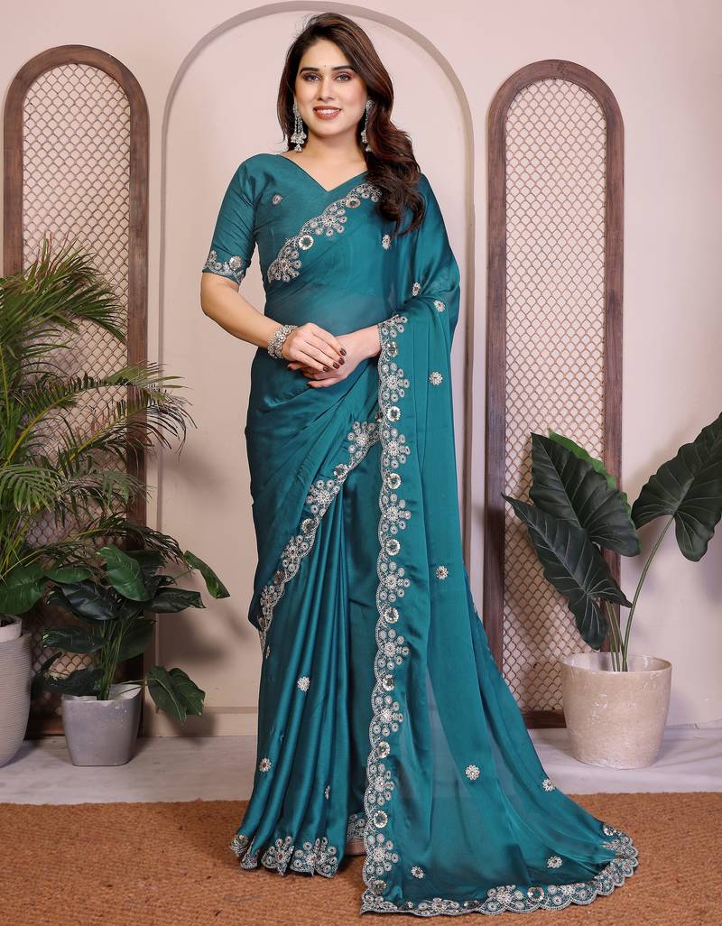 Appealing rama satin chiffon embroidery multi sequence work indian bollywood saree