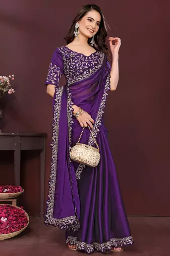 royal purple rangoli silk embroidered saree with sequins border