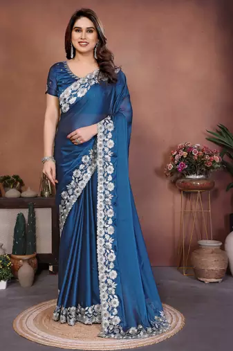 Enthralling royal blue rangoli silk embroidery zari work indian wedding saree