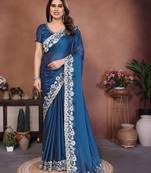 Enthralling royal blue rangoli silk embroidery zari work indian wedding saree