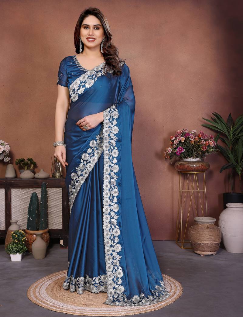 Enthralling royal blue rangoli silk embroidery zari work indian wedding saree