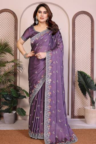 Mesmerizing lavender rangoli silk embroidery multi sequence work indian party wear saree