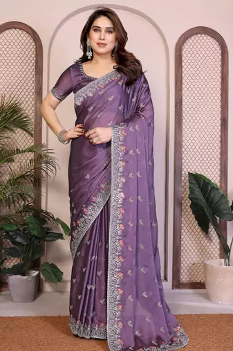 Mesmerizing lavender rangoli silk embroidery multi sequence work indian party wear saree