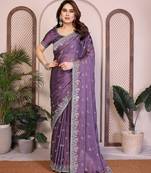 Mesmerizing lavender rangoli silk embroidery multi sequence work indian party wear saree