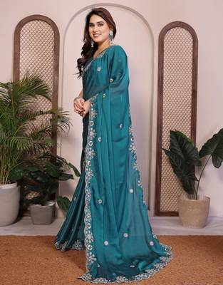 rama green satin chiffon embroidered sequins work saree for women 3