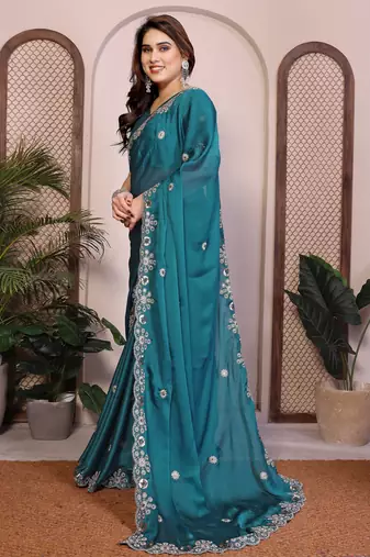 rama green satin chiffon embroidered sequins work saree for women