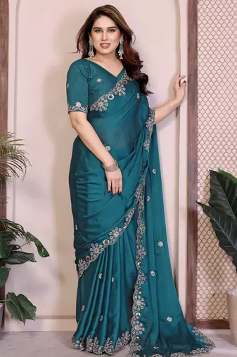 rama green satin chiffon embroidered sequins work saree for women