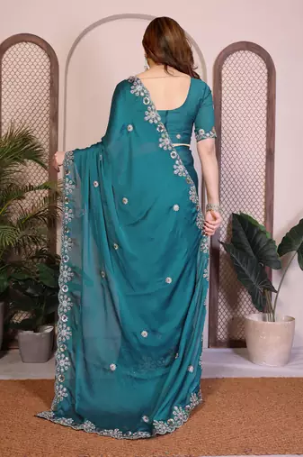 rama green satin chiffon embroidered sequins work saree for women