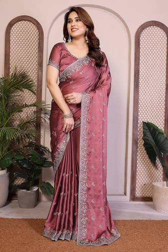 Catching onion pink rangoli silk embroidery multi sequence work indian designer traditional saree