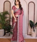Catching onion pink rangoli silk embroidery multi sequence work indian designer traditional saree