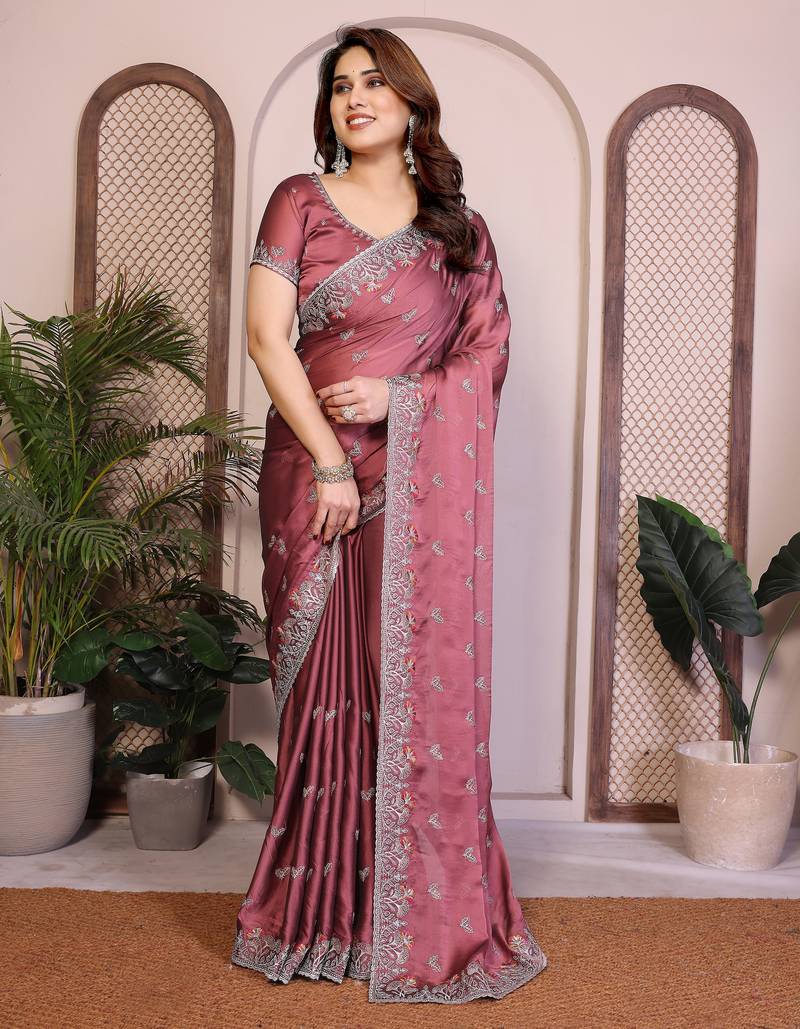 Catching onion pink rangoli silk embroidery multi sequence work indian designer traditional saree