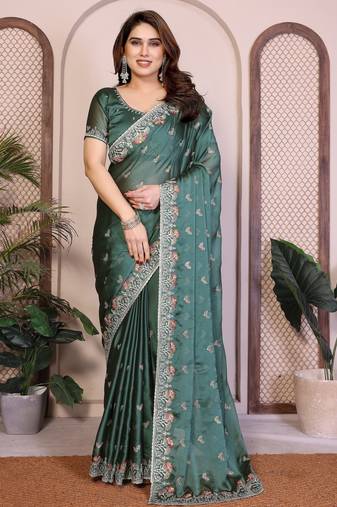 Delightful teal green rangoli silk embroidery multi sequence work indian reception saree