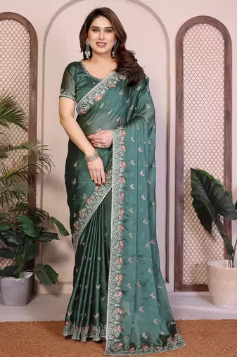 Delightful teal green rangoli silk embroidery multi sequence work indian reception saree