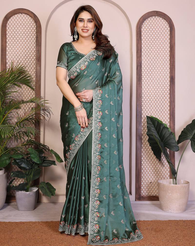 Delightful teal green rangoli silk embroidery multi sequence work indian reception saree