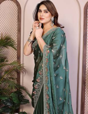 teal green rangoli silk sequins embroidered saree 2