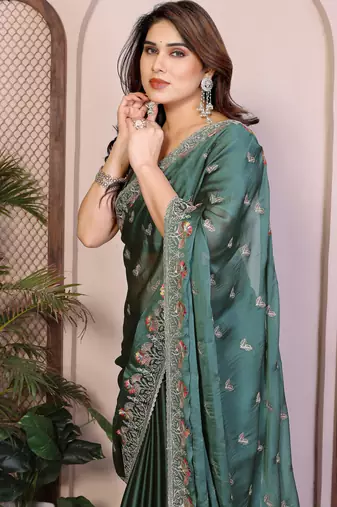 teal green rangoli silk sequins embroidered saree