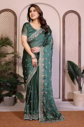 teal green rangoli silk sequins embroidered saree