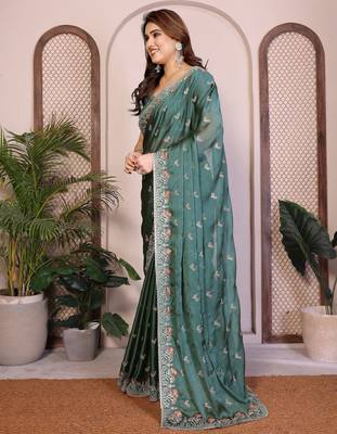 teal green rangoli silk sequins embroidered saree 4