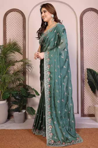 teal green rangoli silk sequins embroidered saree