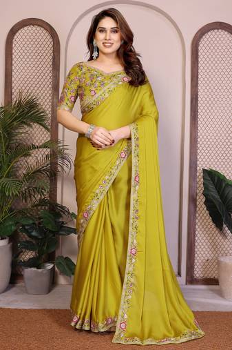 Bewitching lime green satin chiffon embroidery multi sequence work indian festival saree