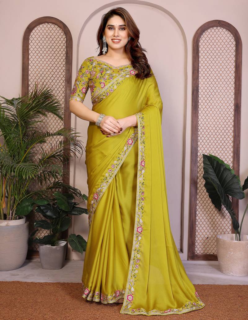 Bewitching lime green satin chiffon embroidery multi sequence work indian festival saree