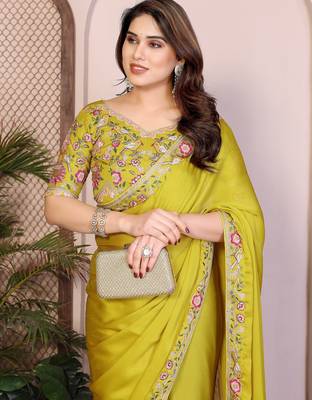 lime green satin chiffon embroidered festive saree 2