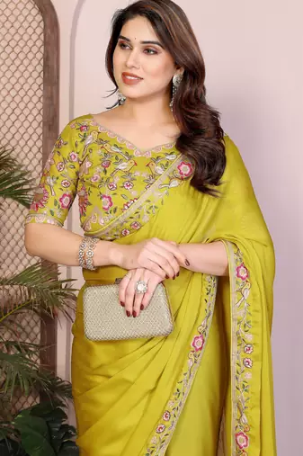 lime green satin chiffon embroidered festive saree