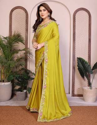 lime green satin chiffon embroidered festive saree 3