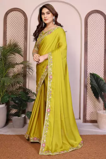 lime green satin chiffon embroidered festive saree