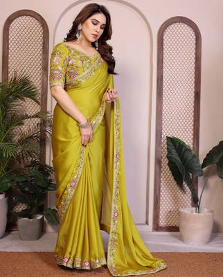lime green satin chiffon embroidered festive saree 4
