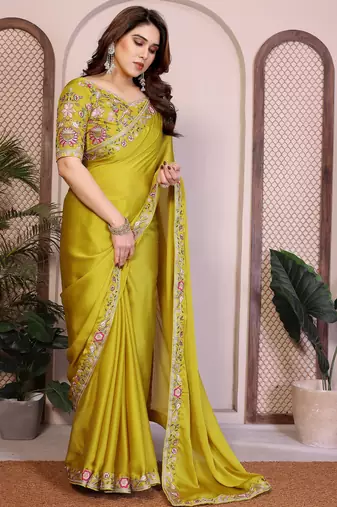 lime green satin chiffon embroidered festive saree
