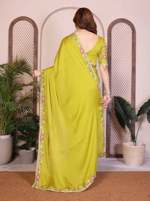 lime green satin chiffon embroidered festive saree 5