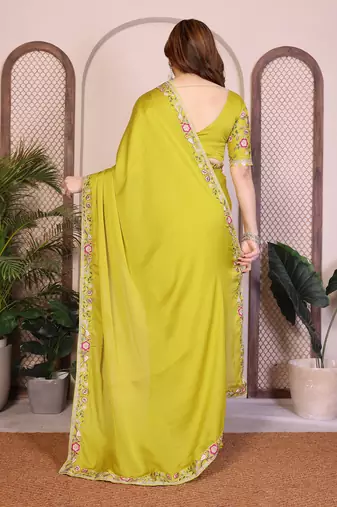 lime green satin chiffon embroidered festive saree