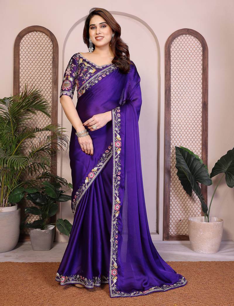 Fetching purple satin chiffon embroidery multi sequence work indian ceremonial saree