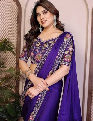 purple satin chiffon embroidered festive saree 2