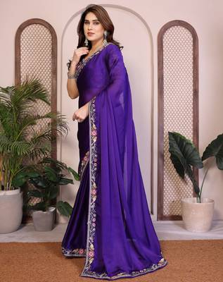purple satin chiffon embroidered festive saree 3