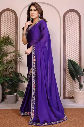 purple satin chiffon embroidered festive saree