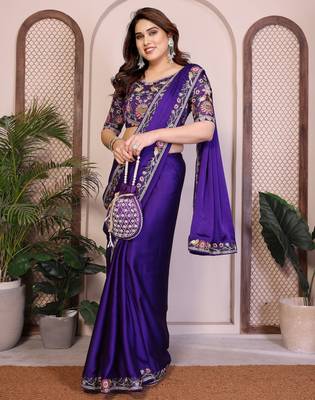 purple satin chiffon embroidered festive saree 4