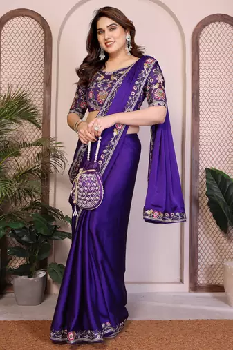 purple satin chiffon embroidered festive saree