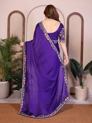 purple satin chiffon embroidered festive saree 5