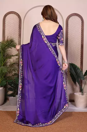 purple satin chiffon embroidered festive saree
